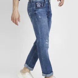 Spykar Mid Blue Cotton Regular Fit Distressed Jeans image 3