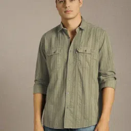 Louis Philippe Green Cotton Slim Fit Striped Shirt-picture-41