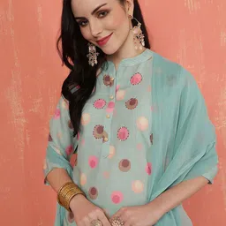 Anouk Women Embroidered Mandairan Coller Linen Kurta with Trousers & With Dupatta image 5