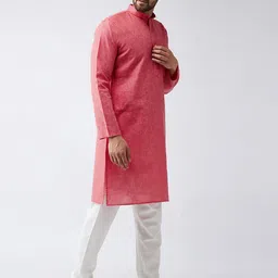 SOJANYA Men Red & Off-White Solid Kurta with Churidar image 2