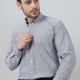 Hancock Classic Fit Striped Button-Down Collar Pure Cotton Oxford Chambray Formal Shirt-picture-17