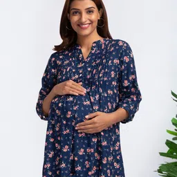 Bella Mama 3/4th Sleeves Maternity Top Floral Print - Blue-picture-22