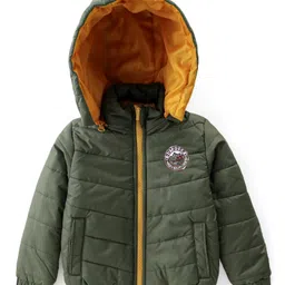 Babyhug Woven Full Sleeves Solid Color Padded Hooded Jacket- Olive Green & Mustard-picture-36