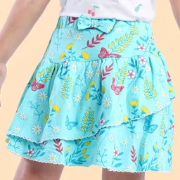 Babyhug Single Jersey Knit Knee Length Skirt Floral Print with Bow Applique - Blue-picture-12