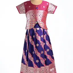 Bhartiya Paridhan Silk Woven Half Sleeves Floral Embroidered Choli Lehenga Set with Lace Detailing - Pink & Purple-image-40