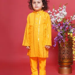 Little Bansi Full Sleeves Striped Foil Printed Kurta With Coordinating Solid Pyjama Set - Yellow-picture-28