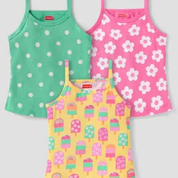 Babyhug 100% Cotton Knit Singlet Sleeves Slips with Floral & Polka Dot Prints Pack of 3- Pink Yellow & Green-image-50