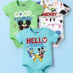 Babyhug Disney Interlock Knit Half Sleeves Onesies With Mickey Mouse Graphics Pack Of 3 - Light Blue Light Green & White-picture-27