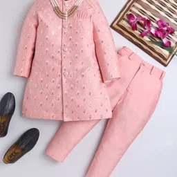 Ahhaaaa Silk Blend Full Sleeves Leaves Embroidered & Sequins Embellished Sherwani & Pant Set - Pink image 1