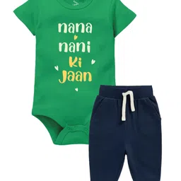Zeezeezoo 100% Cotton Half Sleeves Nana Nani Ki Jaan Text Printed Onesie With Joggers Set - Green & Navy Blue image 1