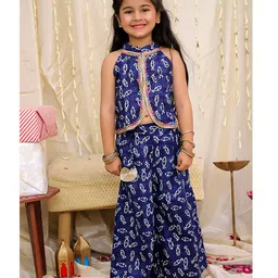 KID1 Cotton Woven Sleeveless Fish Printed Lace Embellished Top With Coordinating Palazzo Set - Navy Blue-picture-16
