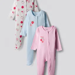 Bonfino 100% Cotton Knit Full Sleeves Strawberry Printed Sleepsuits Pack of 3 - White Light Blue & Light Pink image 1