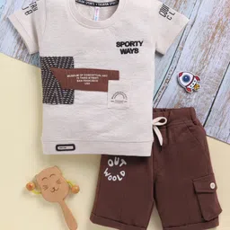 TOONYPORT Cotton Knit Half Sleeves Sporty Ways Text Puff Printed Tee & Shorts Set - Cream-image-4