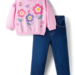 Babyhug Looper Knit Full Sleeves Rib at Neck Top & Jeans Set with Floral Print - Pink & Blue-picture-13