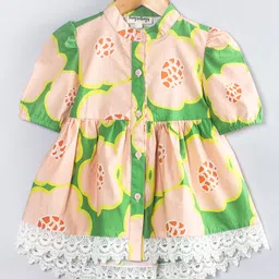Hugsntugs Cotton Woven Half Puffed Sleeves Floral Printed & Lace Detailed Frock Style Top - Green-picture-15