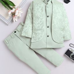 Fourfolds Woven Full Sleeves Solid Sherwani & Pant With Floral Embroidered Jacket Set - Light Green-picture-10