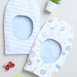 BUMZEE Interlock Knit Monkey Cap with Stripes & Animal Print White & Light Blue Pack Of 2 - Diameter 23.5 cm-picture-13
