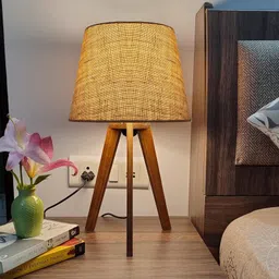 Crosscut Furniture Premium Wooden Bed Side LED Table Lamp (Brown With Jute)-picture-16