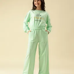 Lil Tomatoes Cotton Looper Knit Full Sleeves Trend Setter Text Printed Light Winter Sweatshirt With Track Pants Set - Light Green-picture-26