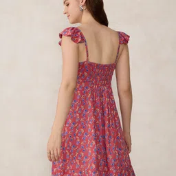 Outzidr Women Floral Printed Sweetheart Neck Flutter Sleeves A-Line Mini Dress image 2