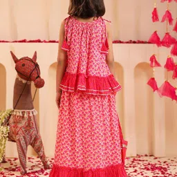 Rain & Rainbow Girls Floral Printed Gotta Patti Pure Cotton Top with Skirt & Dupatta image 4