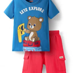 Babyhug Single Jersey Knit Half Sleeves T-Shirt and Shorts Set with Teddy Print - Blue & Red image 2
