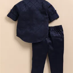 LITTLE COLLARS Blended Full Sleeves Checked Shirt & Trouser With Tie Set - Navy Blue image 3