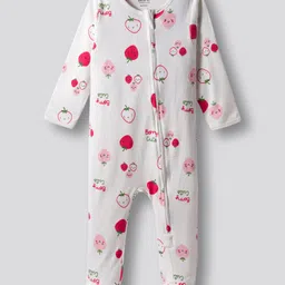 Bonfino 100% Cotton Knit Full Sleeves Strawberry Printed Sleepsuits Pack of 3 - White Light Blue & Light Pink image 2