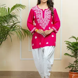 ADR CHIKAN Women Floral Embroidered Lucknowi Chikankari Straight Kurti with Dhoti Pants-picture-27
