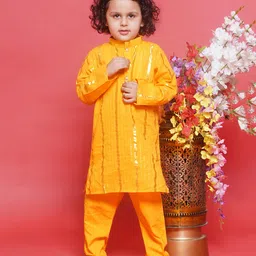 Little Bansi Full Sleeves Striped Foil Printed Kurta With Coordinating Solid Pyjama Set - Yellow image 4