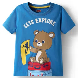 Babyhug Single Jersey Knit Half Sleeves T-Shirt and Shorts Set with Teddy Print - Blue & Red image 3