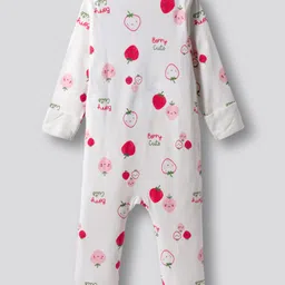 Bonfino 100% Cotton Knit Full Sleeves Strawberry Printed Sleepsuits Pack of 3 - White Light Blue & Light Pink image 3