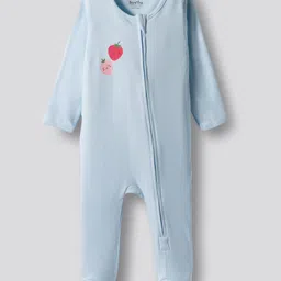 Bonfino 100% Cotton Knit Full Sleeves Strawberry Printed Sleepsuits Pack of 3 - White Light Blue & Light Pink image 4