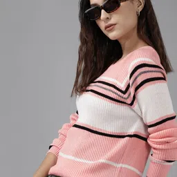 Roadster Women Pink & White Striped Acrylic Pullover-picture-26