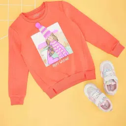 Pantaloons Junior Girls Coral Cotton Printed Full Sleeves Sweatshirts & Hoodies-image-5