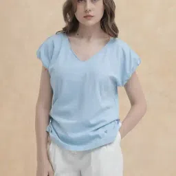 RAREISM Blue Cotton Solid Short Sleeves Top-picture-12