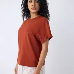 Wunderlove by Westside Ochre Solid Cotton T-Shirt-image-49