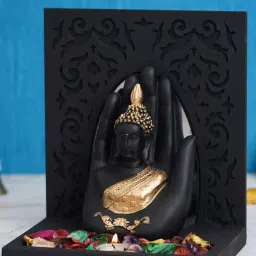 eCraftIndia Black & Golden Polyresin Palm Buddha Showpiece with Fragnanced Petals and Tealight image 3