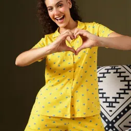 Clovia Yellow Cotton Printed Shirt & Shorts Set image 5