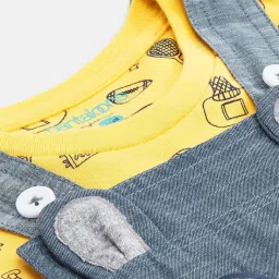 Pantaloons Baby Blue & Yellow Cotton Printed Dungaree Set image 3