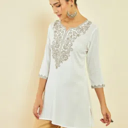 Soch Off White Rayon Paisley Embroidered A-Line Tunic with Vented Hemline image 3