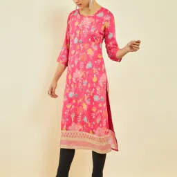Soch Pink Muslin Floral Print and Embroidered Round-Neck Straight Kurta image 3
