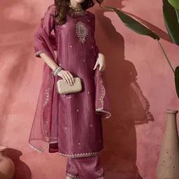 Sangria Paisley Embroidered Mirror Work Straight Kurta And Palazzo With Dupatta-image-35