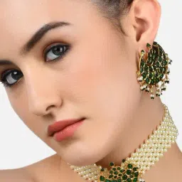 Zaveri Pearls Green Stones & Pearls Choker Necklace & Earring Set-ZPFK9808-image-36