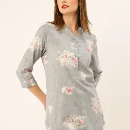 Odette Grey Printed A Line Kurti-image-4