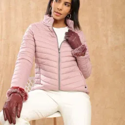 Globus Women Pink Mock Neck Front Zip 2 Pockets Winter Wear Insulator Puffer Jacket-image-48