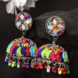 NVR Multi Color Artificial Beads Brass-Plated Dome Shaped Jhumki Earrings for Women-picture-36