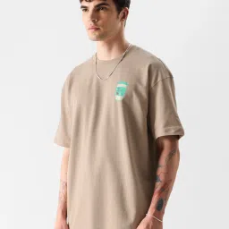 The Souled Store TSS Originals: Sanity In A Cup Dark Beige Loose Fit Printed Oversized Crew T-Shirt image 3