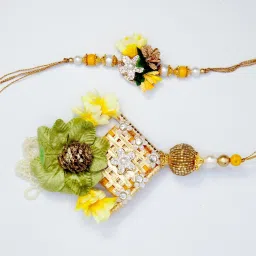Fida Designer Handmade Yellow & Green Floral Lumba Rakhi & Roli Chawal for Unisex - Set of 2 image 3