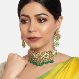Zaveri Pearls Kundan & Beads Enamelling Green Choker Necklace & Earring Set-ZPFK9833-picture-49